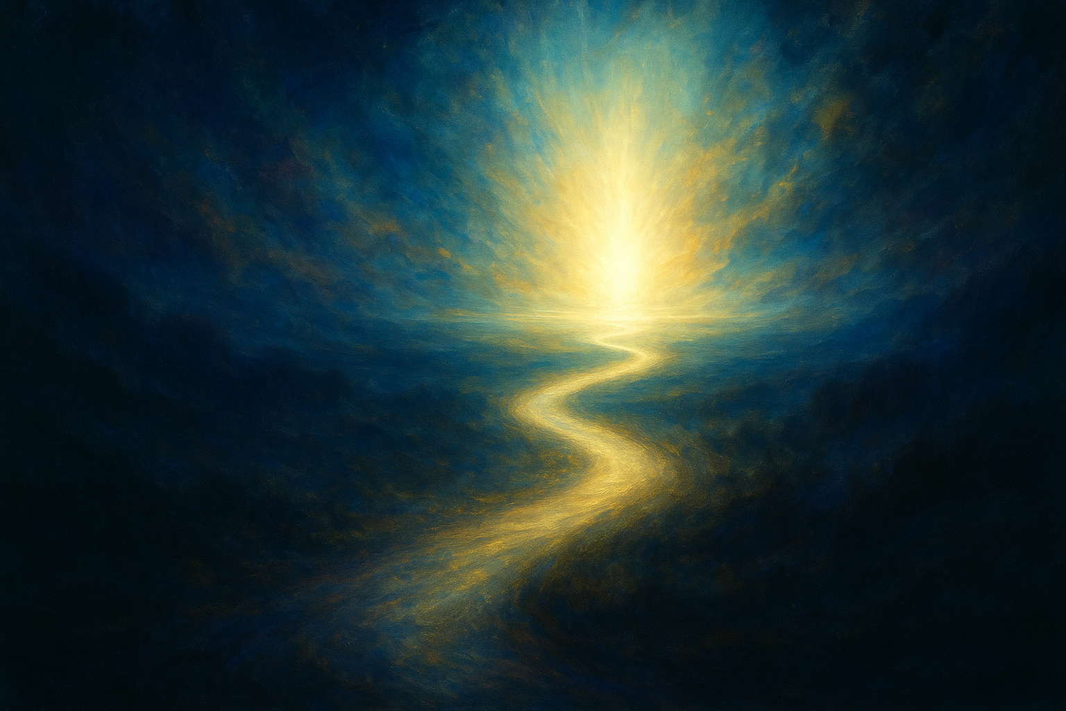 Złocista ścieżka przez ciemność ku Światłu na horyzoncie – symbol Pełni i meta-sensu w Religii Żywego Światła.