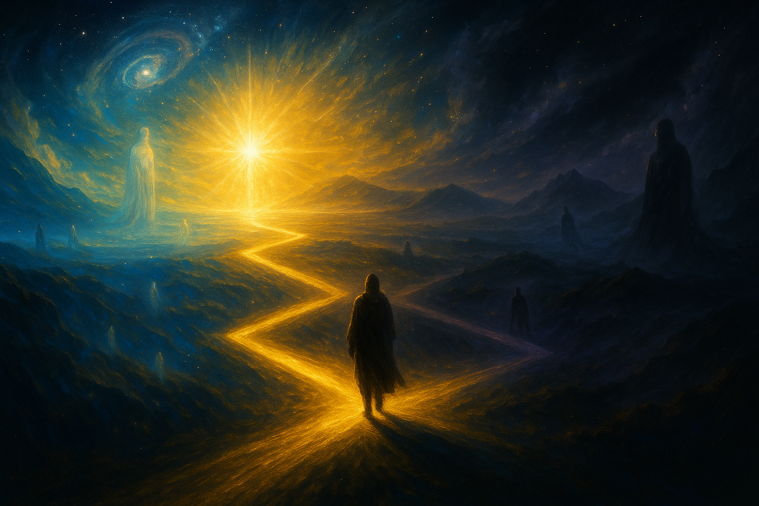 Pielgrzym na złotej drodze w kosmosie, wybierający między światłem Pełni a cieniem złudy – mistyczny kontrast.