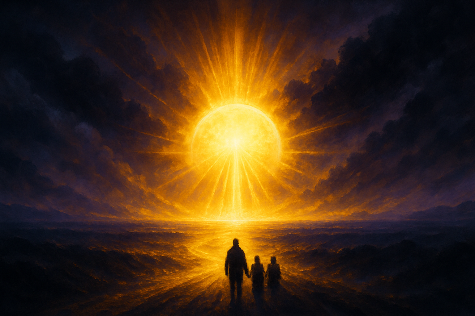 Sylwetki ludzi idących świetlistą drogą ku złotemu słońcu – symbol zwycięstwa światła nad cieniem i duchowej nadziei.