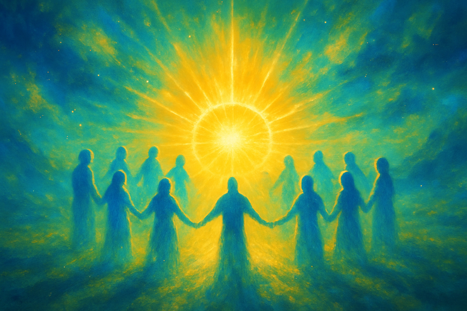 Krąg świetlistych postaci wokół złoto-białej kuli światła – symbol wspólnoty, jedności i duchowego światła.