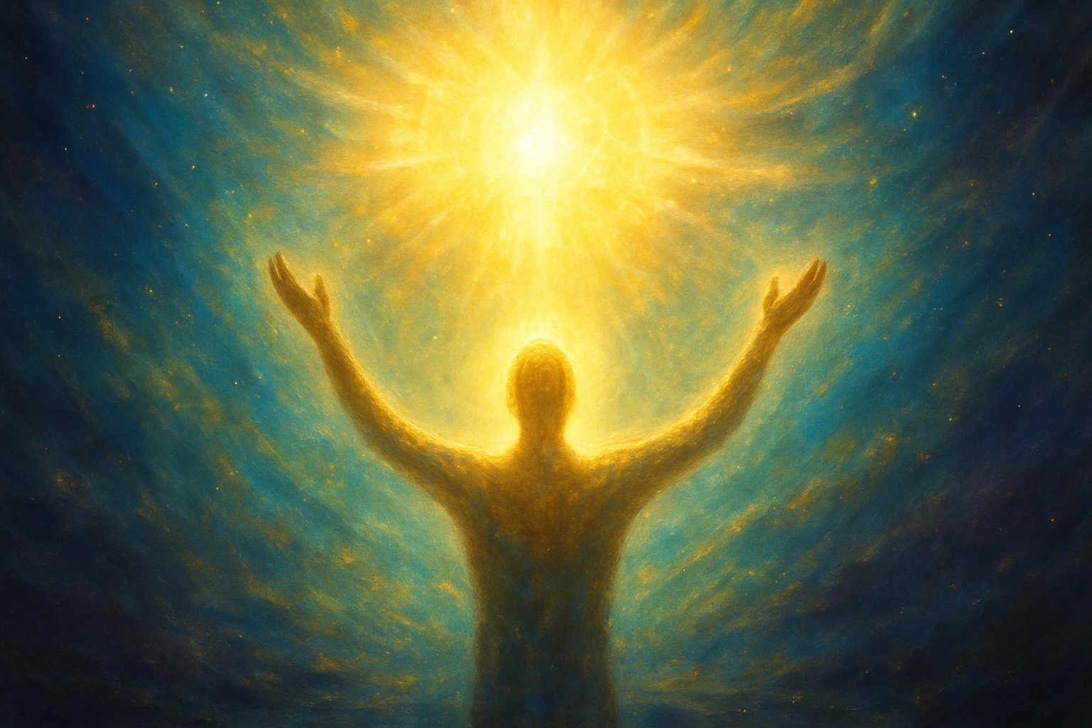 Mistyczna postać z ramionami wyciągniętymi ku światłu, otoczona złoto-białą aurą – symbol transcendencji i Żywego Światła.