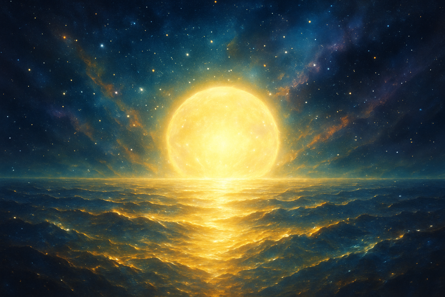 Mistyczny kosmiczny krajobraz – złoto-biała kula Pełni rozświetla ocean energii wśród gwiazd i mgławic.