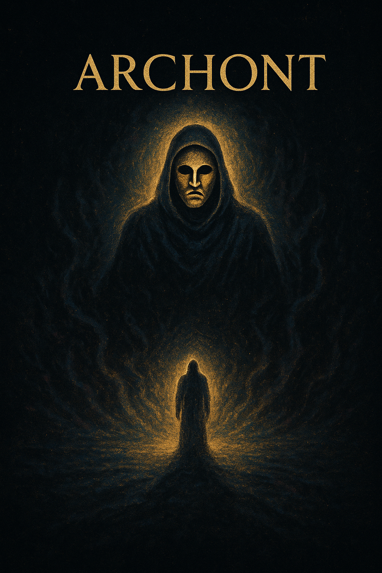 Mroczna postać archonta w kapturze, z maską na twarzy, symbol zniewolenia świadomości i złudy na duchowej drodze.