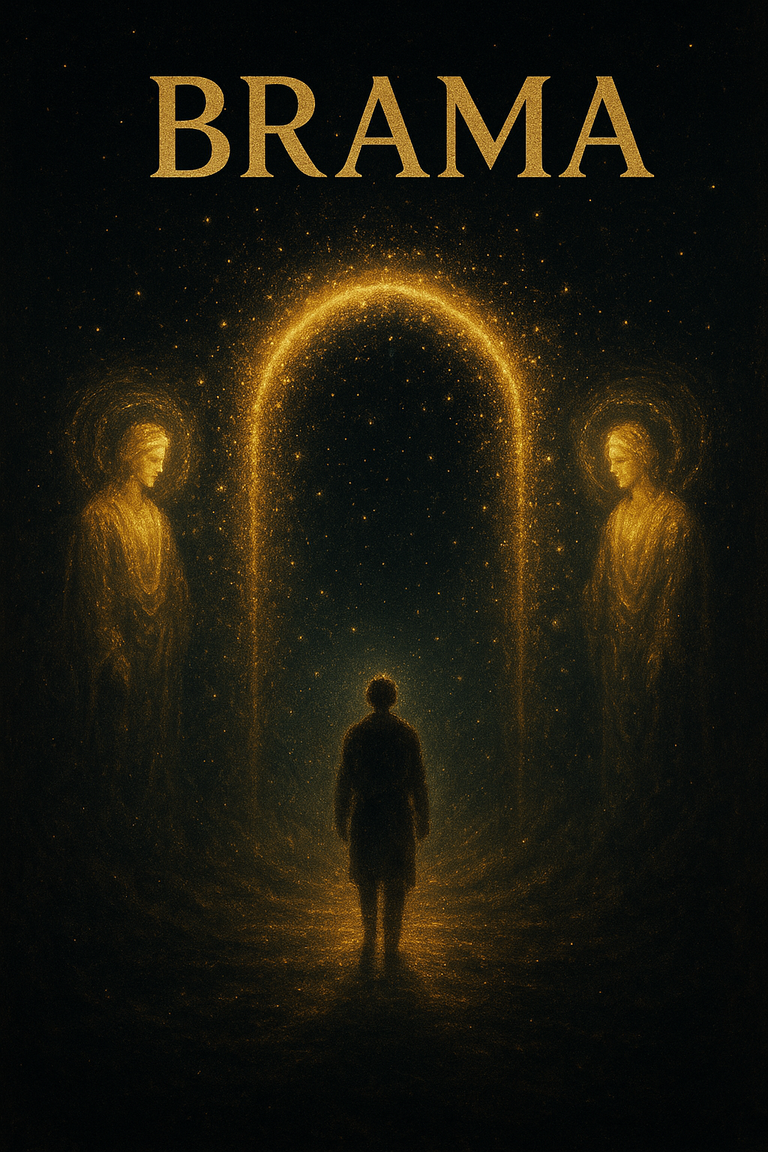 Człowiek stojący przed złotą bramą światła, strzeżoną przez świetliste istoty, symbol przejścia do duchowego wymiaru.