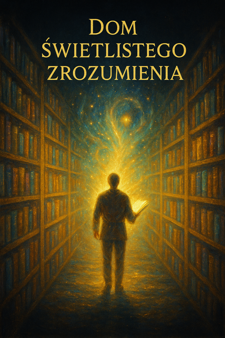 Postać w świetlistej bibliotece z księgą w dłoni, symbol Domu Świetlistego Zrozumienia i duchowej mądrości.