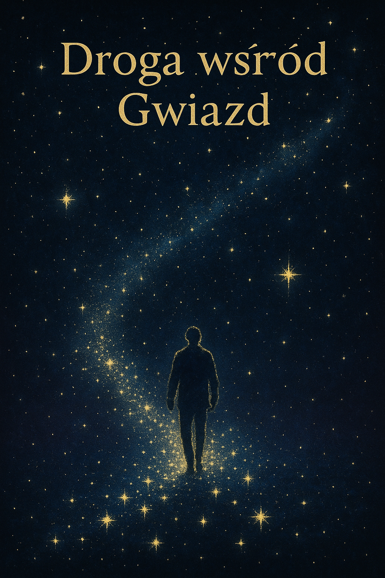 Postać człowieka kroczącego świetlistą drogą wśród gwiazd, symbol duchowej podróży i kosmicznego sensu.