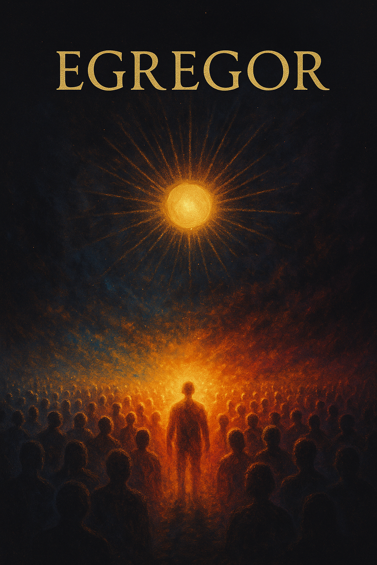 Symbol egregora – tłum ludzi w świetle wspólnej intencji pod złotym słońcem, metafora energii zbiorowej.