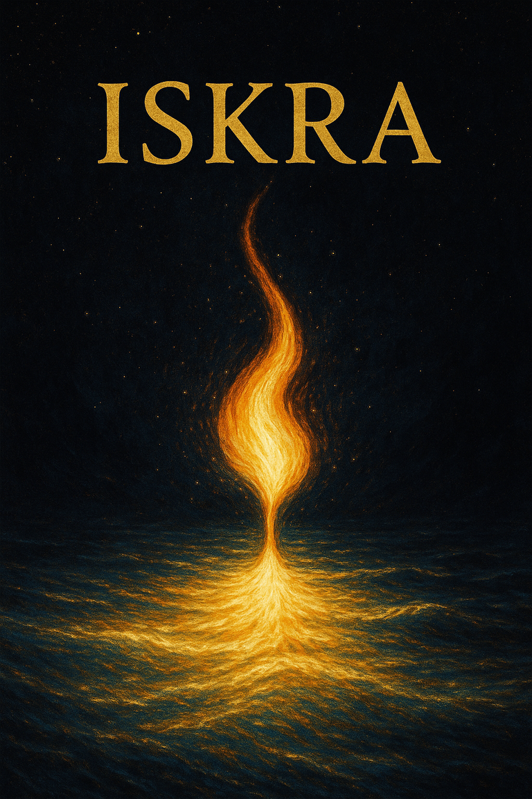 Mistyczna złota iskra światła unosząca się nad ciemnym tłem, symbol duchowej Pełni i nadziei.