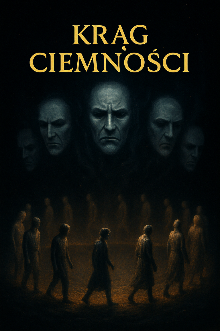 Krąg Ciemności – ludzie uwięzieni w mrocznym rytuale pod spojrzeniem złowrogich twarzy archontów, symbol zniewolenia duszy.