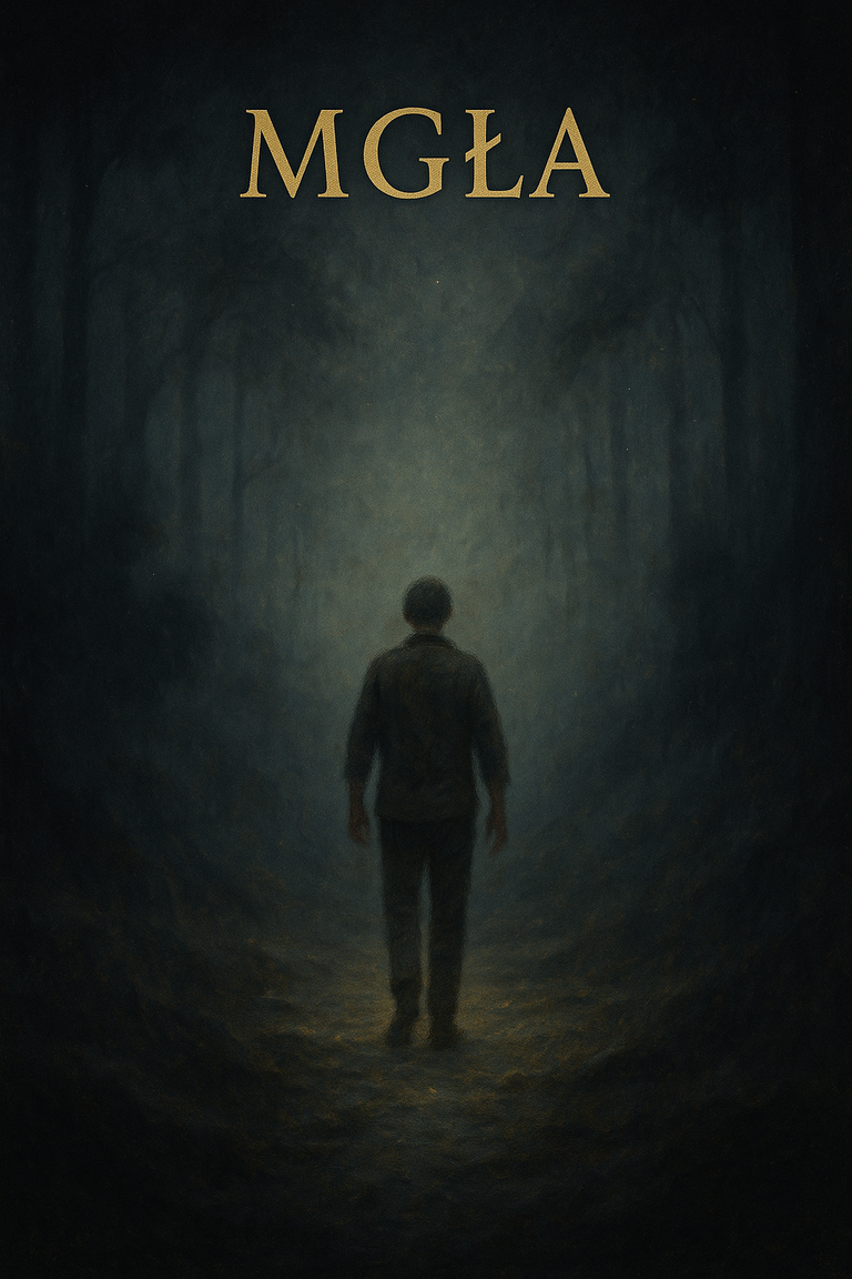 Postać człowieka idącego w gęstej mgle leśną ścieżką, symbol zagubienia, niepewności i duchowego poszukiwania.