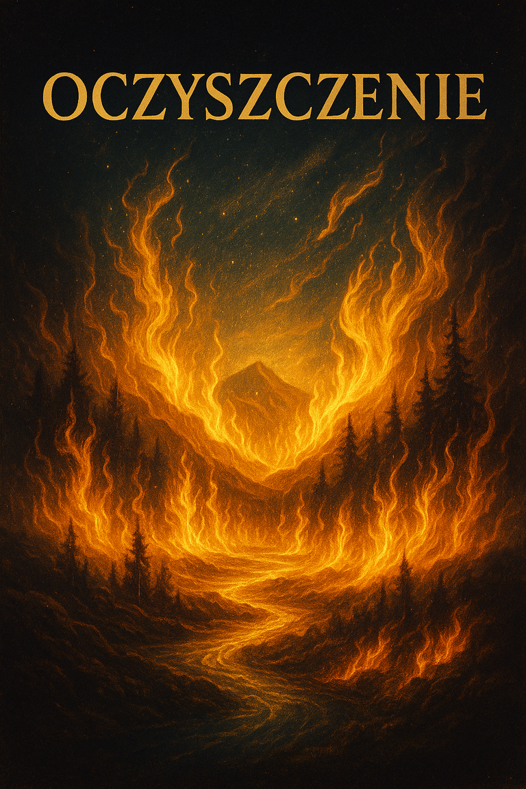 Mistyczny krajobraz ukazujący góry otoczone płomieniami, symbol duchowego oczyszczenia i przemiany poprzez ogień.