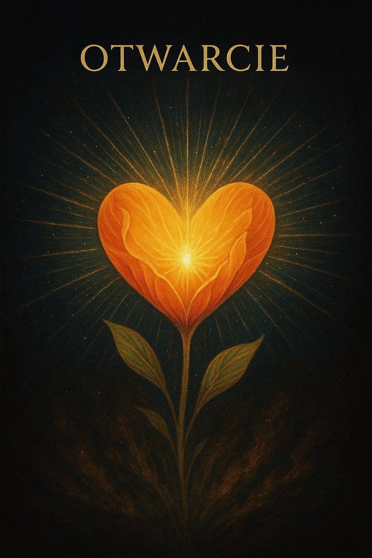 Kwiat w kształcie serca promieniujący światłem, symbol otwarcia, miłości i duchowego rozkwitu.