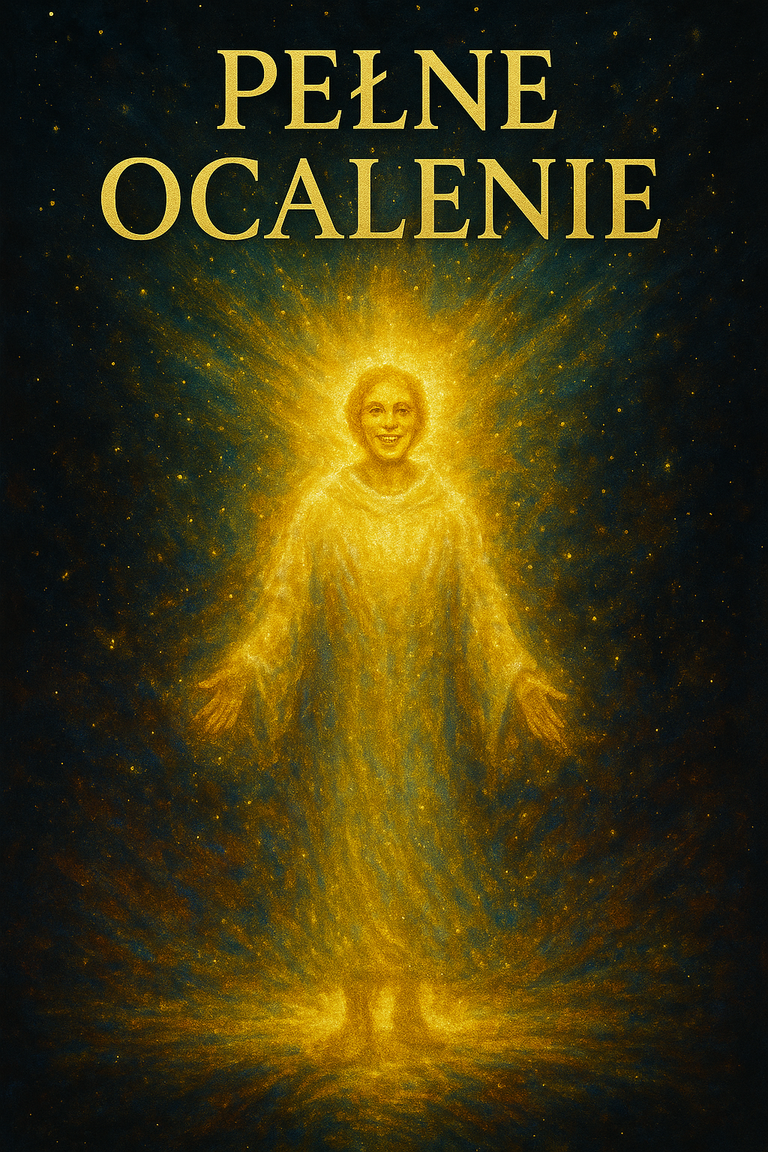 Promienna postać w złotym świetle, symbol pełnego ocalenia, duchowej przemiany i spełnienia w Pełni.