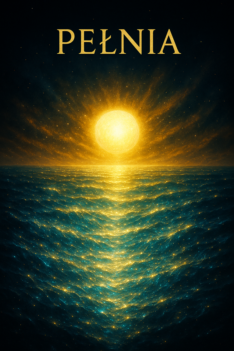 Pełnia – złote słońce nad morzem, blaskiem rozświetlające noc, symbol duchowej pełni, harmonii i kosmicznego światła.