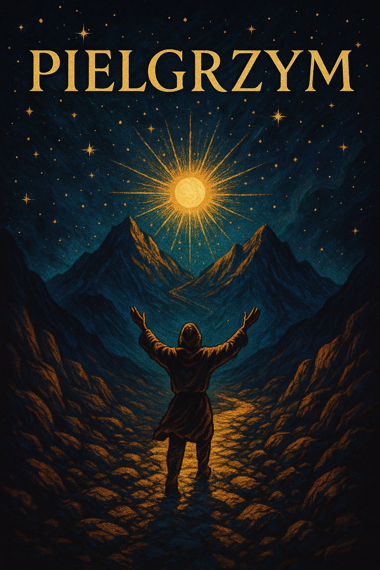 Symboliczny pielgrzym w górach, wznoszący ręce ku mistycznemu słońcu na nocnym niebie pełnym gwiazd.