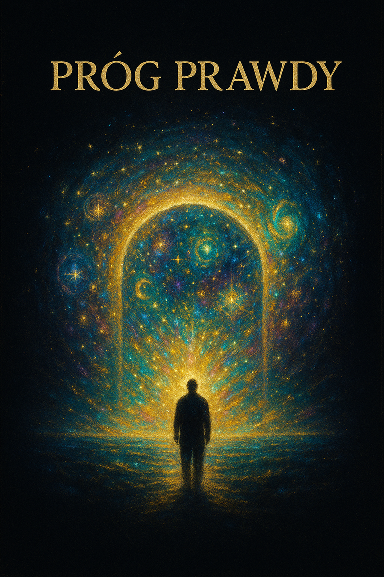 Człowiek stojący w świetle przed kosmiczną bramą, symbol progu prawdy, duchowego poznania i wejścia w Pełnię.