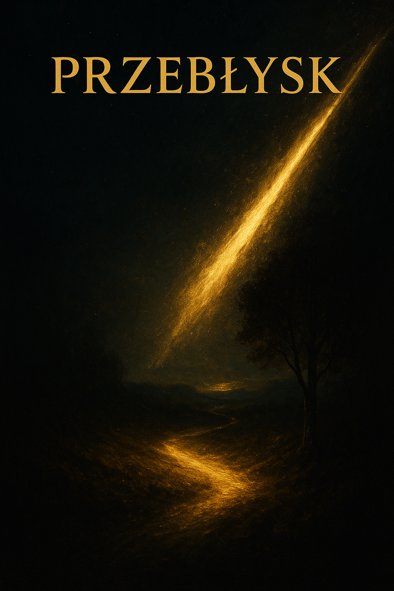 Złoty przebłysk światła rozświetlający nocną drogę w mroku, symbol nadziei i duchowego olśnienia.