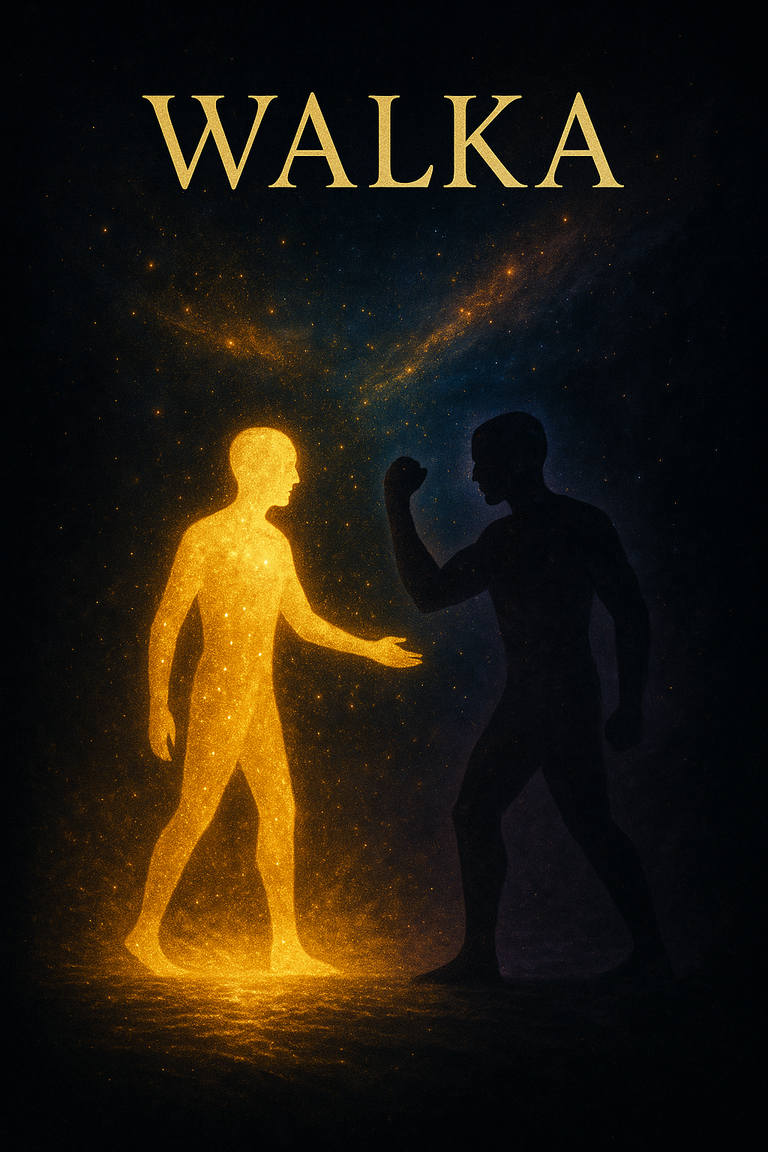 Symboliczna walka światła i cienia – złota postać mierzy się z ciemną sylwetką na tle przestrzeni kosmicznej.