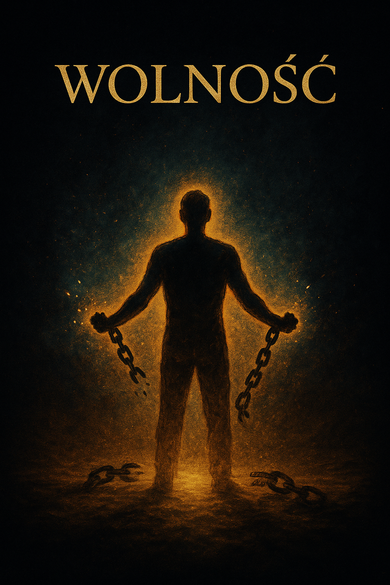 Sylwetka człowieka zrywającego kajdany w złotym blasku, symbol wolności, wyzwolenia i duchowej siły.