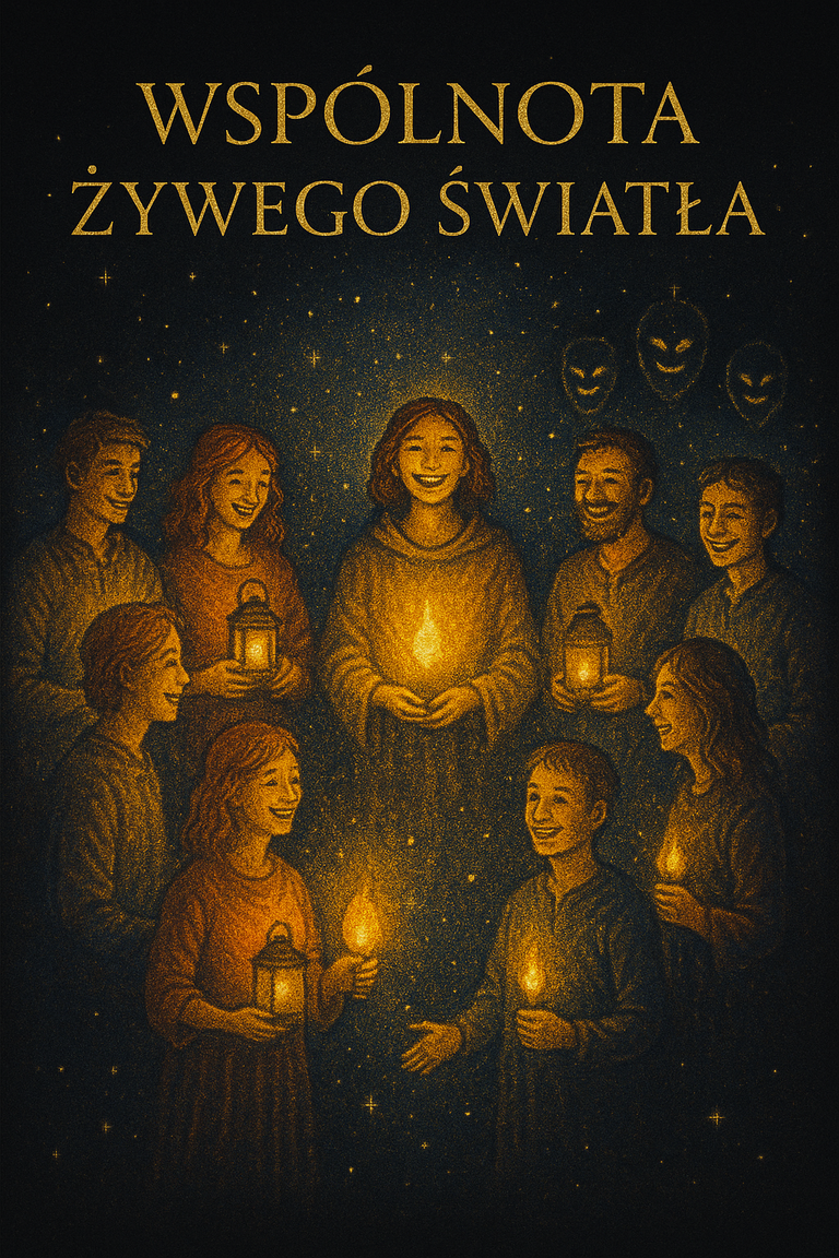 Wspólnota Żywego Światła – ludzie z lampionami otoczeni blaskiem, symbol jedności, wiary i duchowego światła.