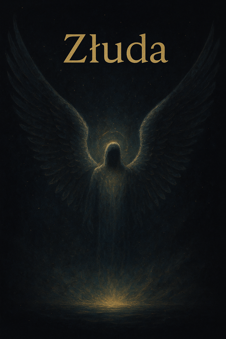 Ciemna, anielska postać ze skrzydłami w mroku, symbol złudy i fałszywego światła na duchowej drodze.