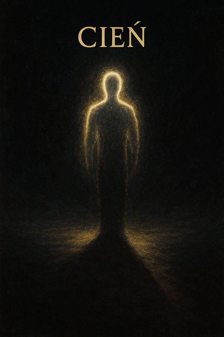 Złocista sylwetka postaci w ciemności rzucająca cień, symbol tajemnicy i granicy światła oraz mroku.