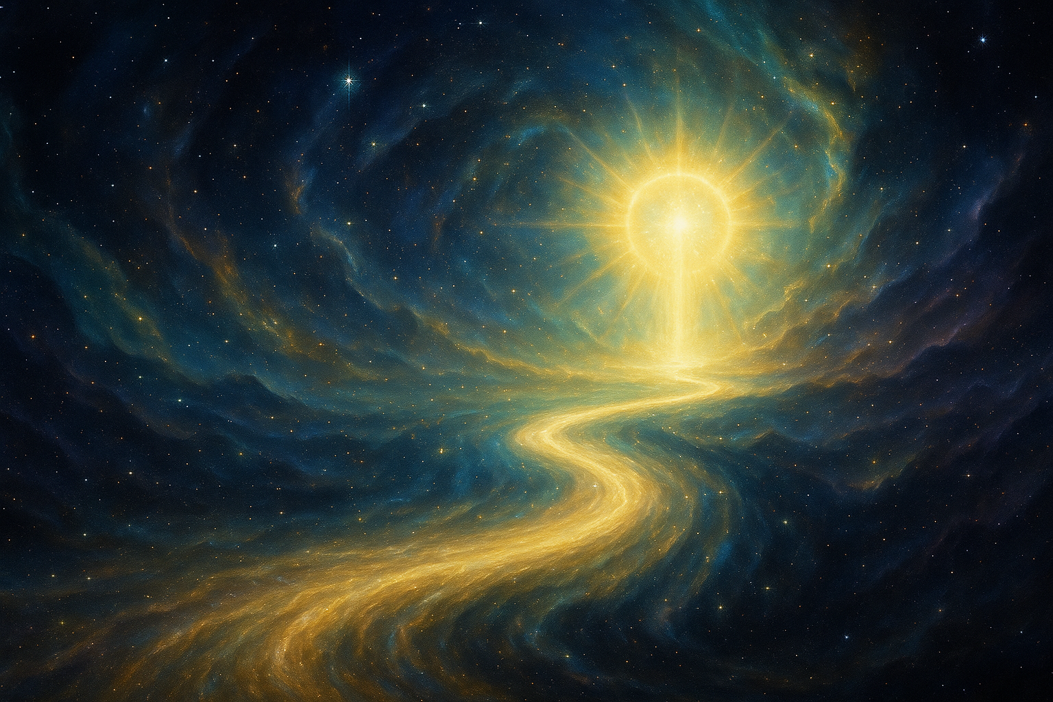 Mistyczna droga ze światła wijąca się w kosmosie, prowadząca do promiennej, świetlistej przestrzeni Pełni.