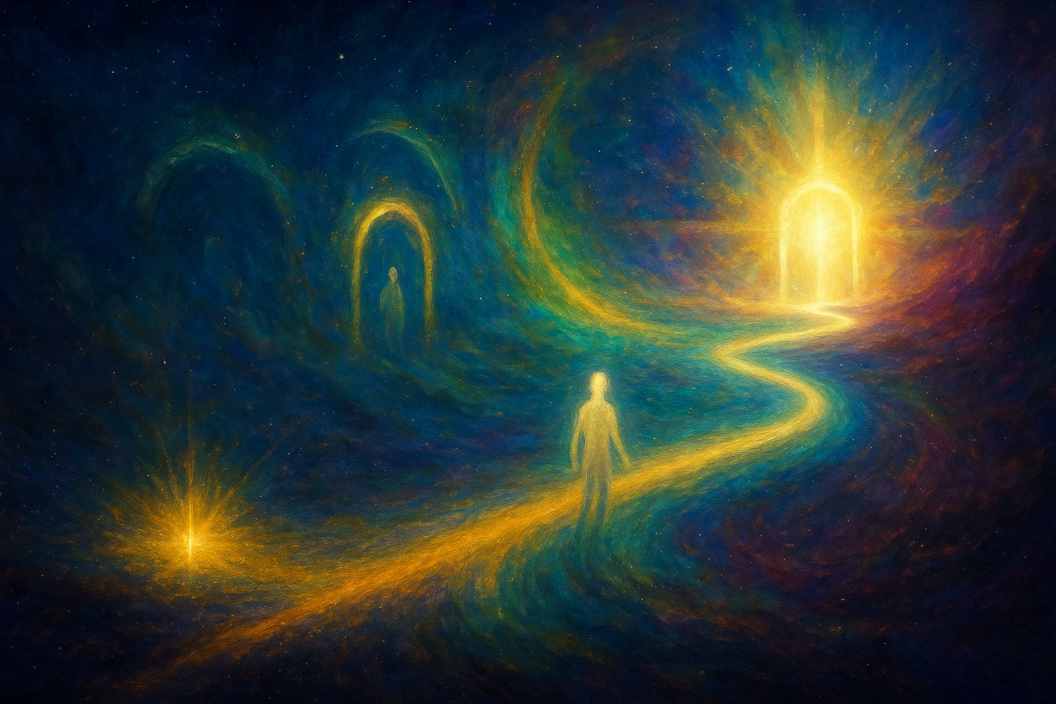 Mistyczna, świetlista droga przez kosmos z czterema bramami życia, prowadząca postać ku wielkiemu Światłu Pełni.