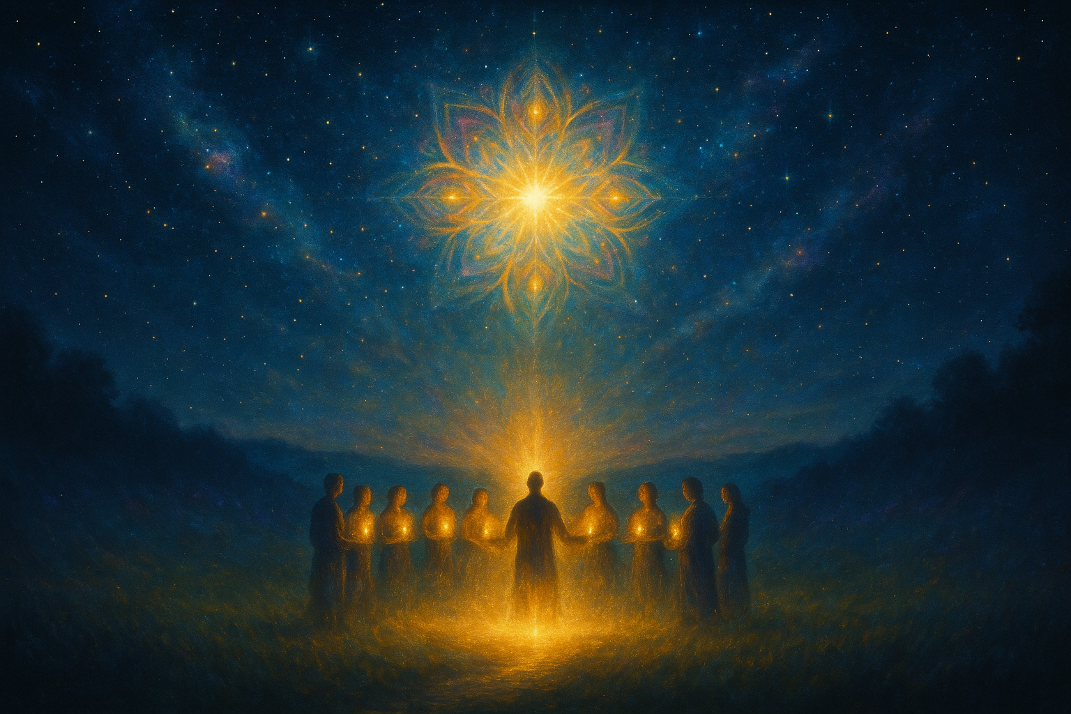 Krąg ludzi z zapalonymi świecami pod gwiazdami, świetlista mandala światła nad nimi – symbol wspólnoty poza instytucją.