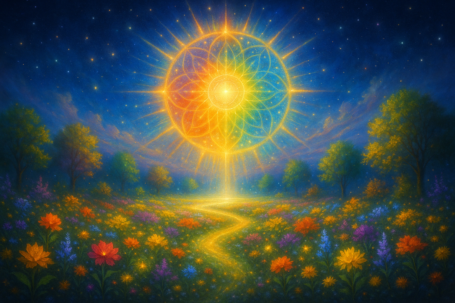 Kosmiczna mandala światła nad świetlistym ogrodem, gdzie wszystkie kwiaty i drzewa kwitną jednocześnie – symbol Pełni.