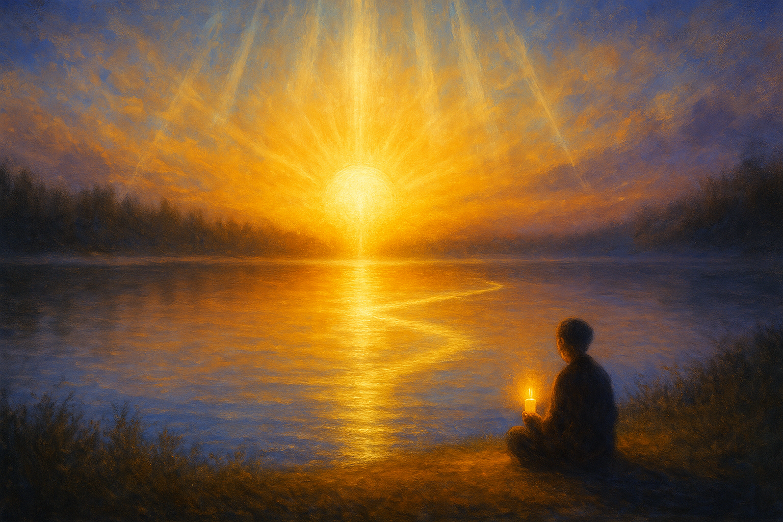 Człowiek ze świecą o świcie nad jeziorem, złota droga światła na wodzie symbolizuje codzienną praktykę Pełni.