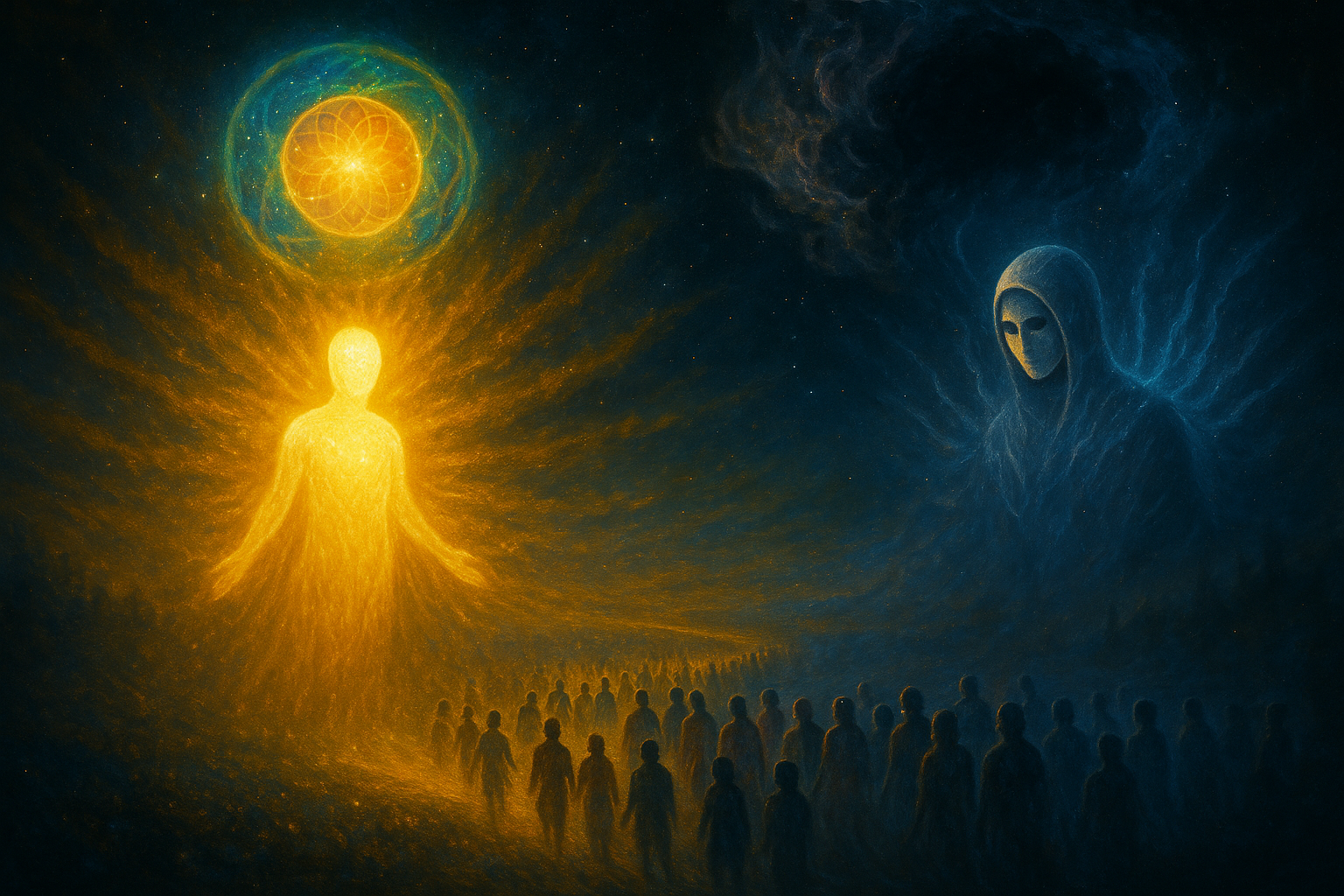 Świetlista postać i maska archonta nad tłumem, krąg światła kontra ciemny egregor karmiący się lękiem.