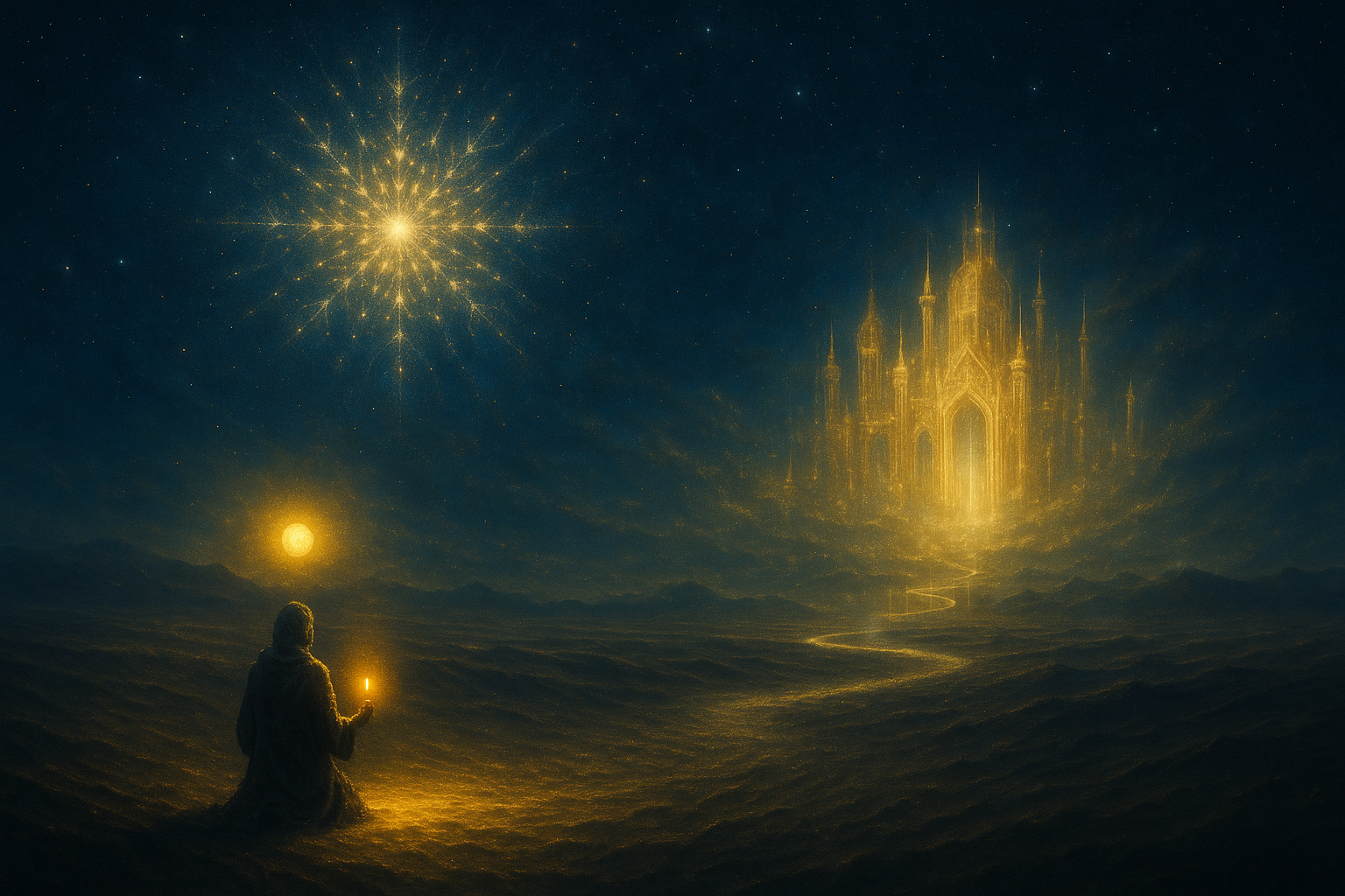 Pielgrzym ze świecą na pustyni, miraż złudnego miasta w tle, nad nim gwiezdna mandala Pełni rozświetla noc.