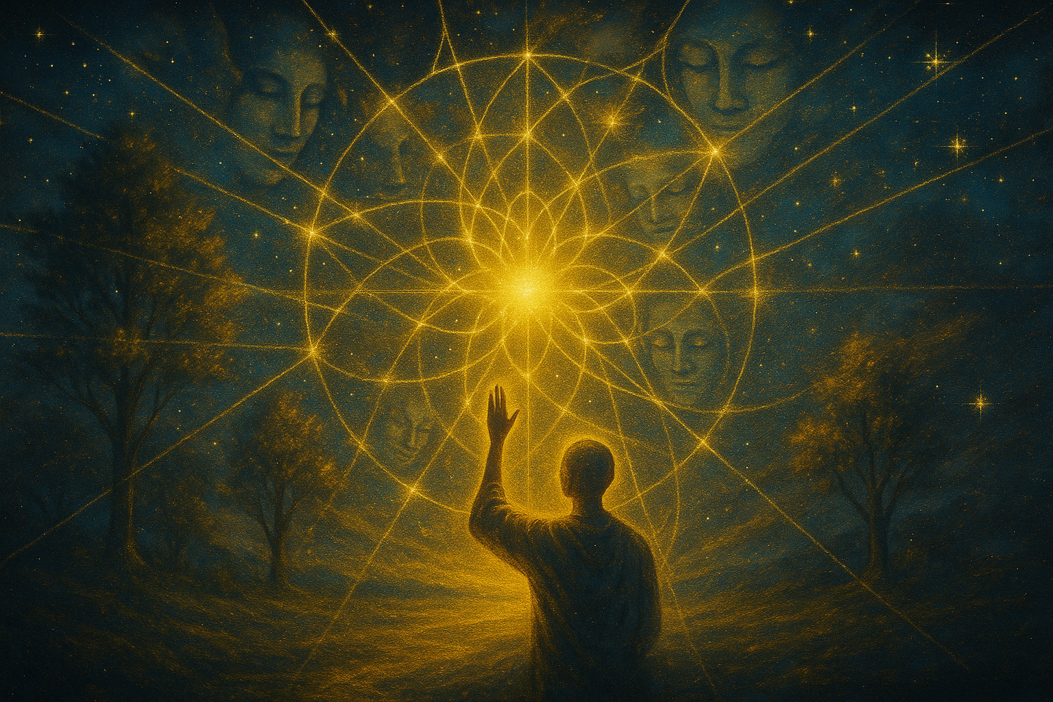 Człowiek w świetle mandali sensu, złote linie łączą fragmenty świata w harmonijną całość Pełni.